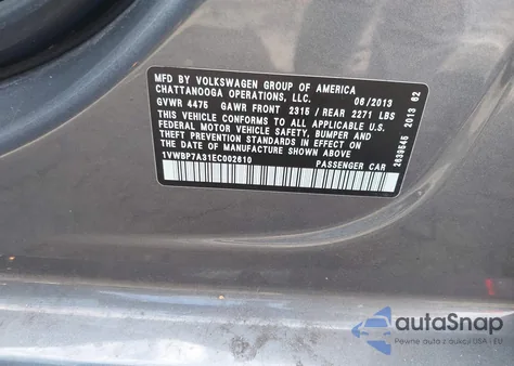 2014 Volkswagen Passat 2.5L Se from USA, damaged, VIN 1VWBP7A31EC002610